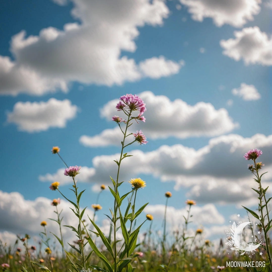 Close-up of delicate field flowers against a dreamy bokeh sky.