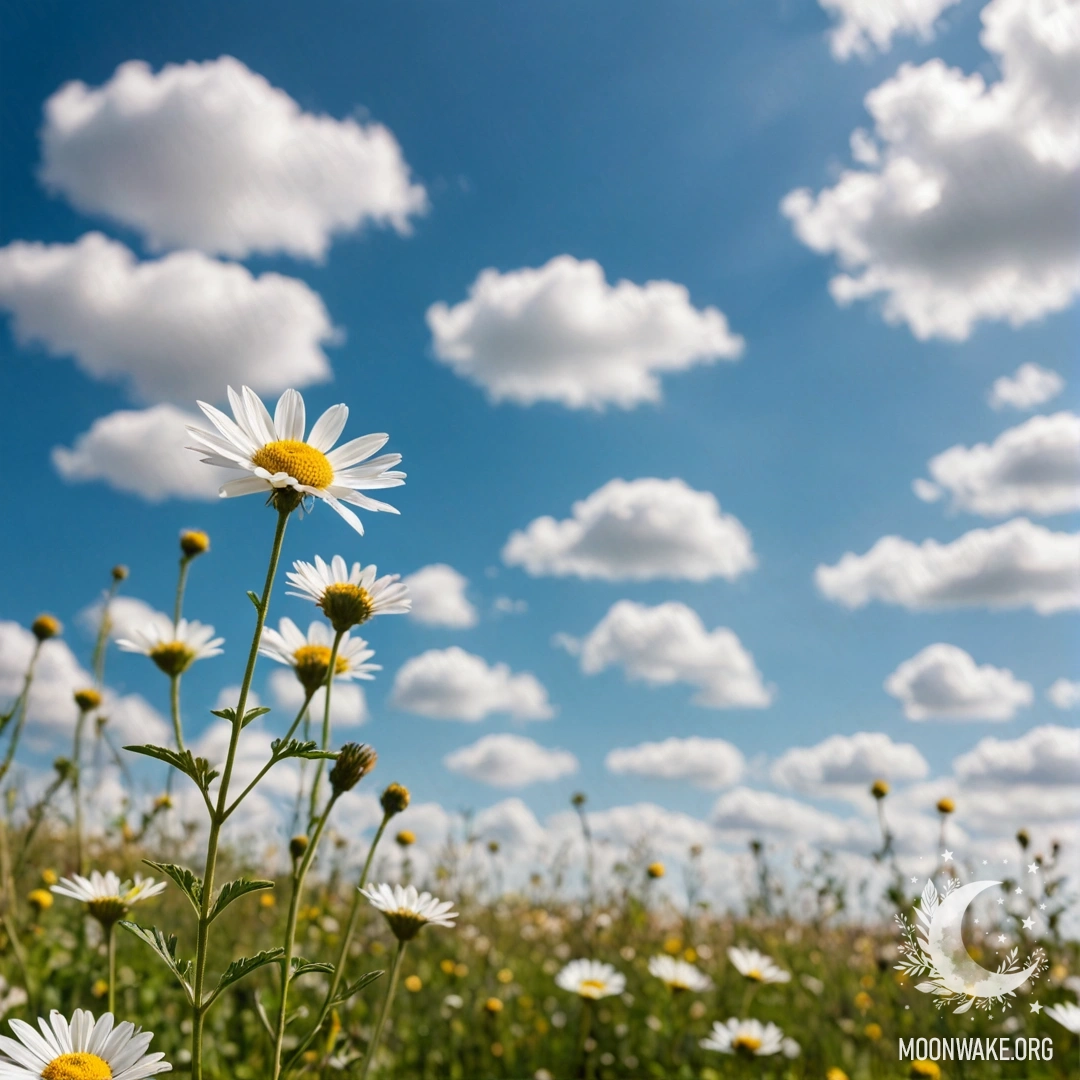 Minimalist Field Flowers Against Bokeh Sky Close-up of colorful field flowers with a blurred sky and clouds.