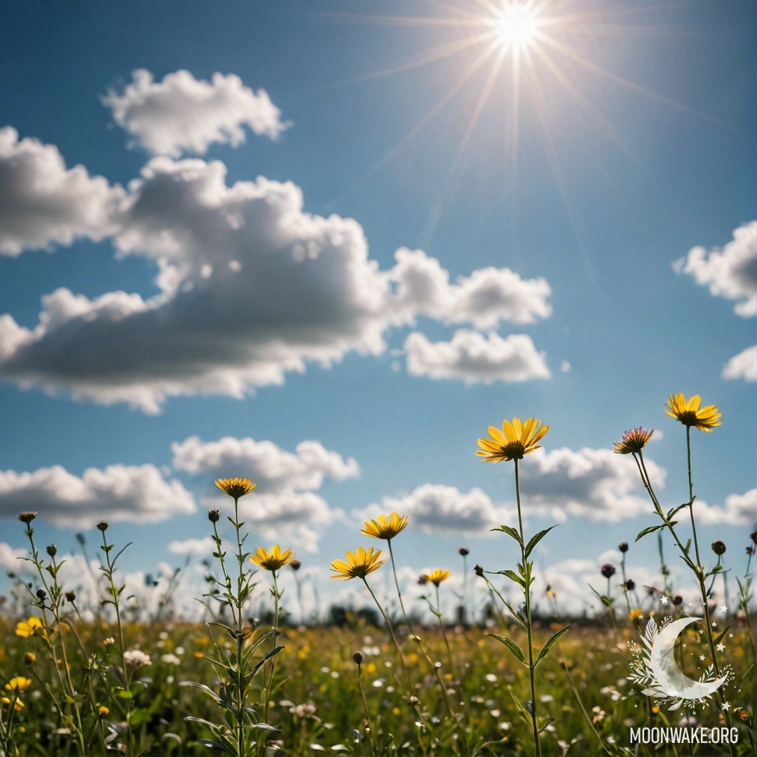 Close-up of field flowers with a blurred sky and clouds in the background.