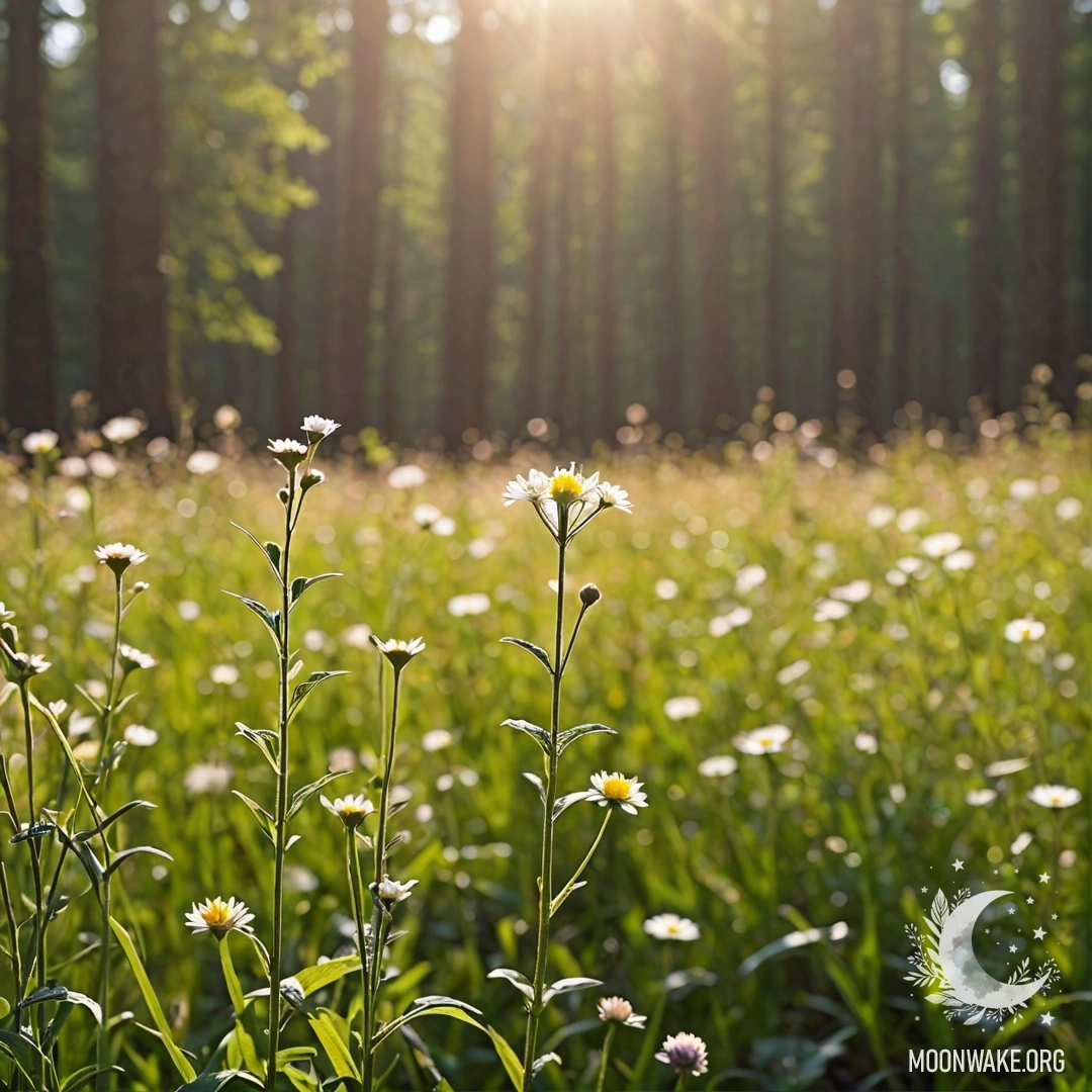 Close-up of colorful field flowers against a blurred forest background on a sunny day.