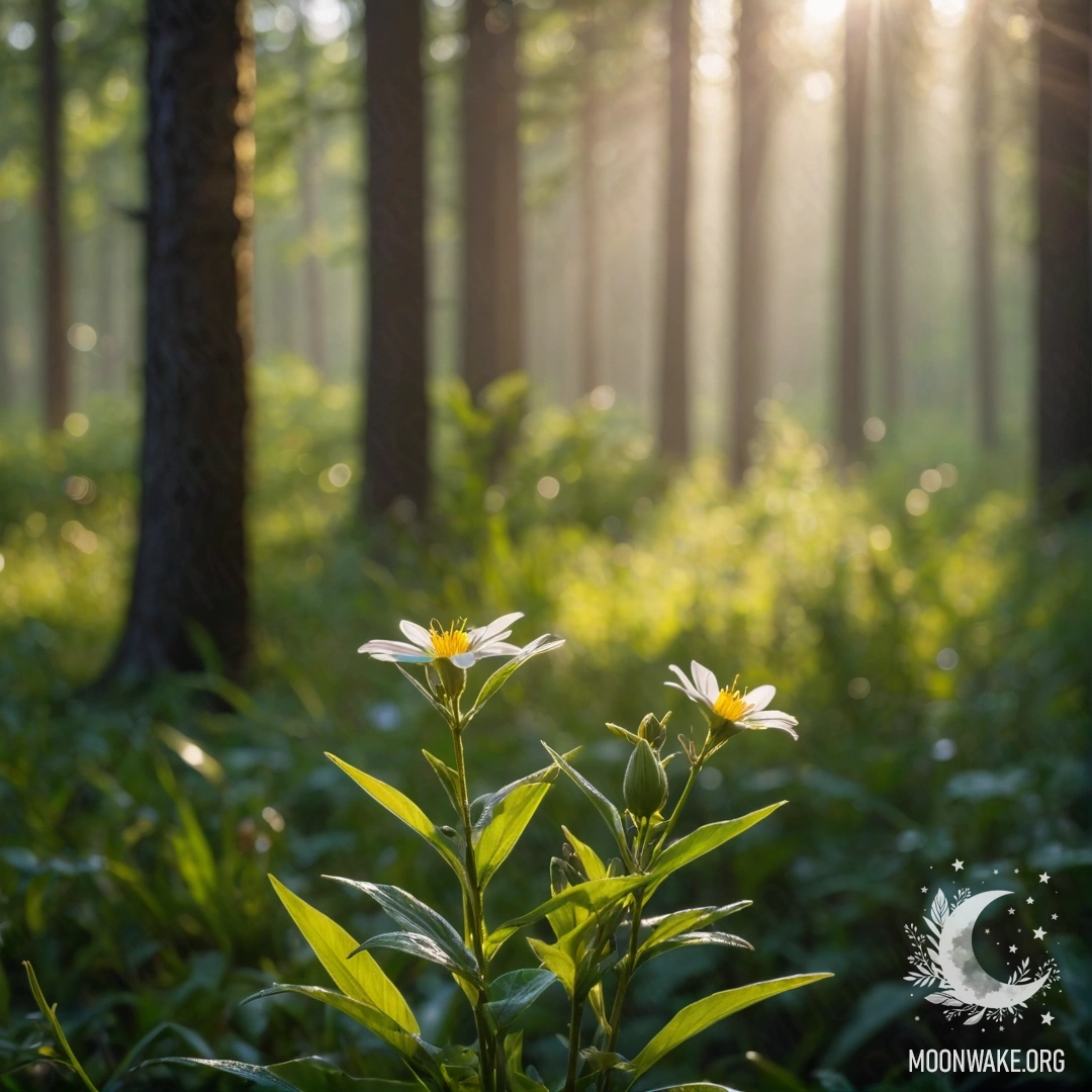 Minimalist Field Flowers in Sunlit Bokeh Close-up of field flowers with sun rays and a blurred forest background.