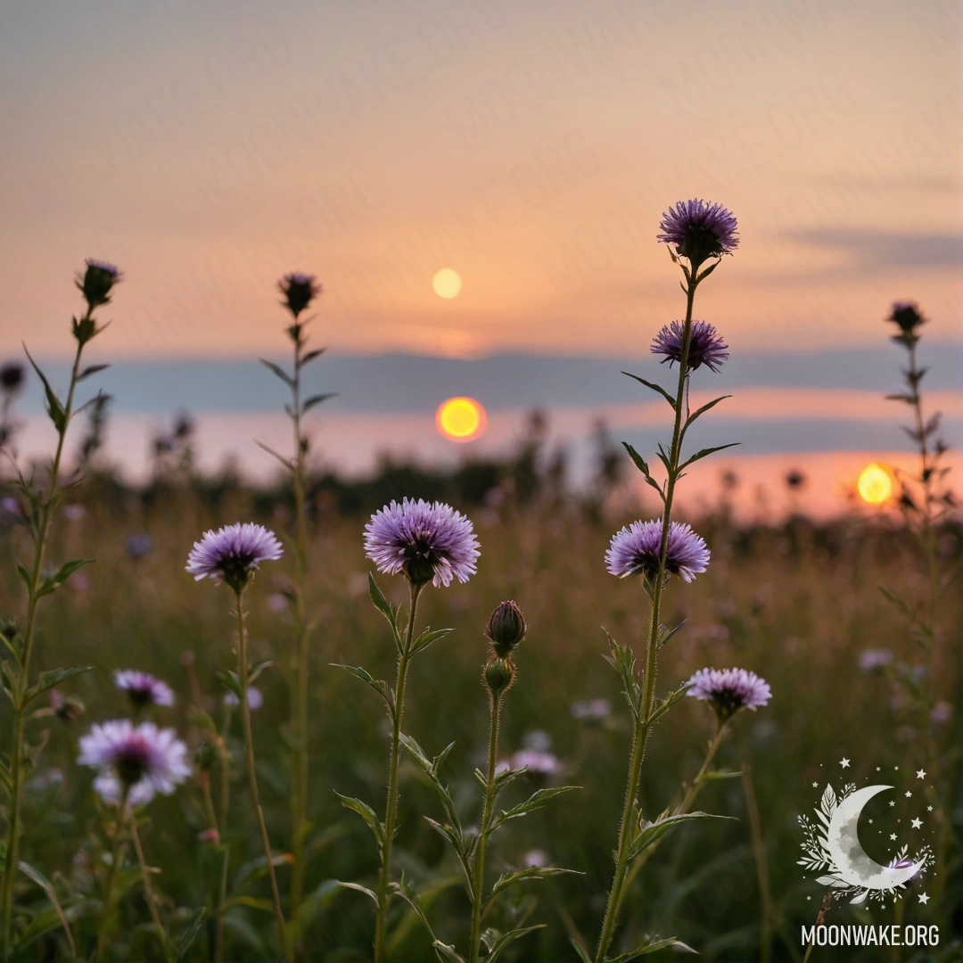 Close-up view of field flowers with a blurry sunset sky backdrop.