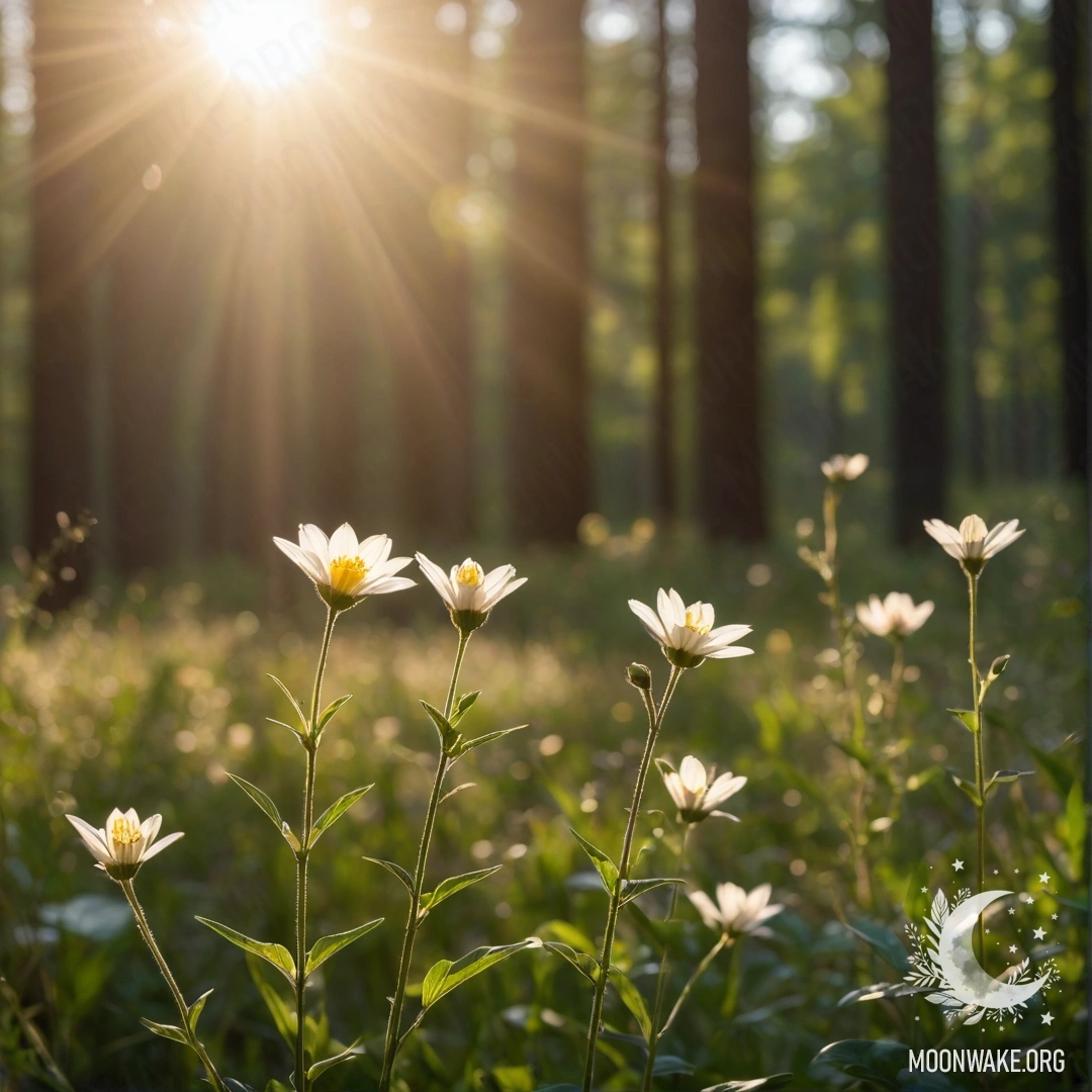 Close-Up of Minimalist Field Flowers Amidst Sunlit Bokeh Close-up image of delicate field flowers in a minimalistic style, surrounded by a blurred forest background with dappled sunlight.