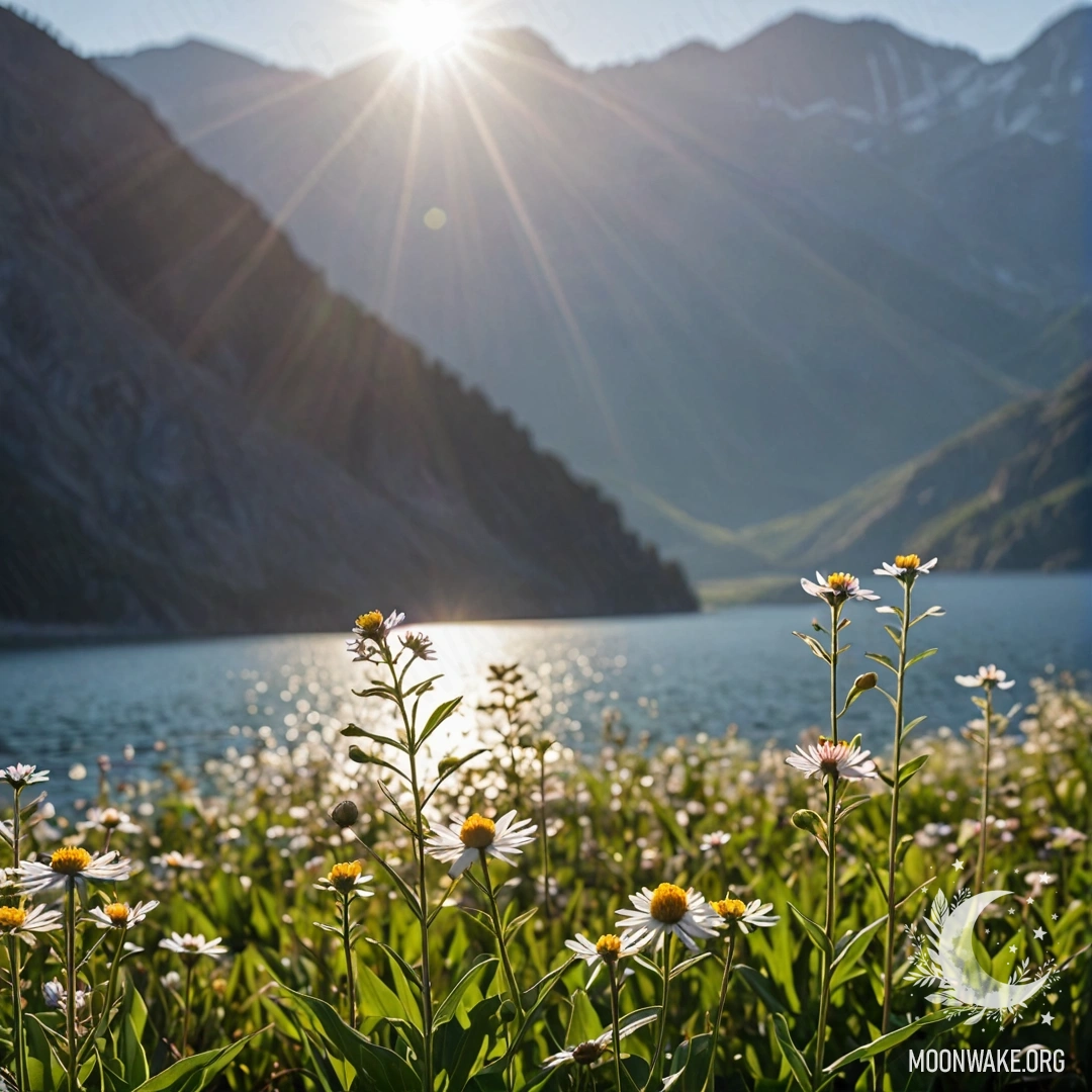 Close-up of delicate field flowers against a blurred mountain lake.