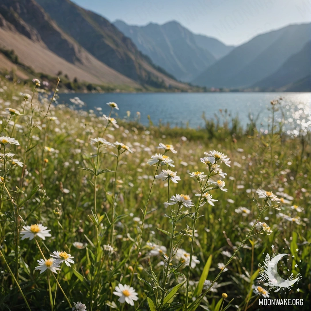 Close-up of field flowers with a bokeh background of a mountain lake.