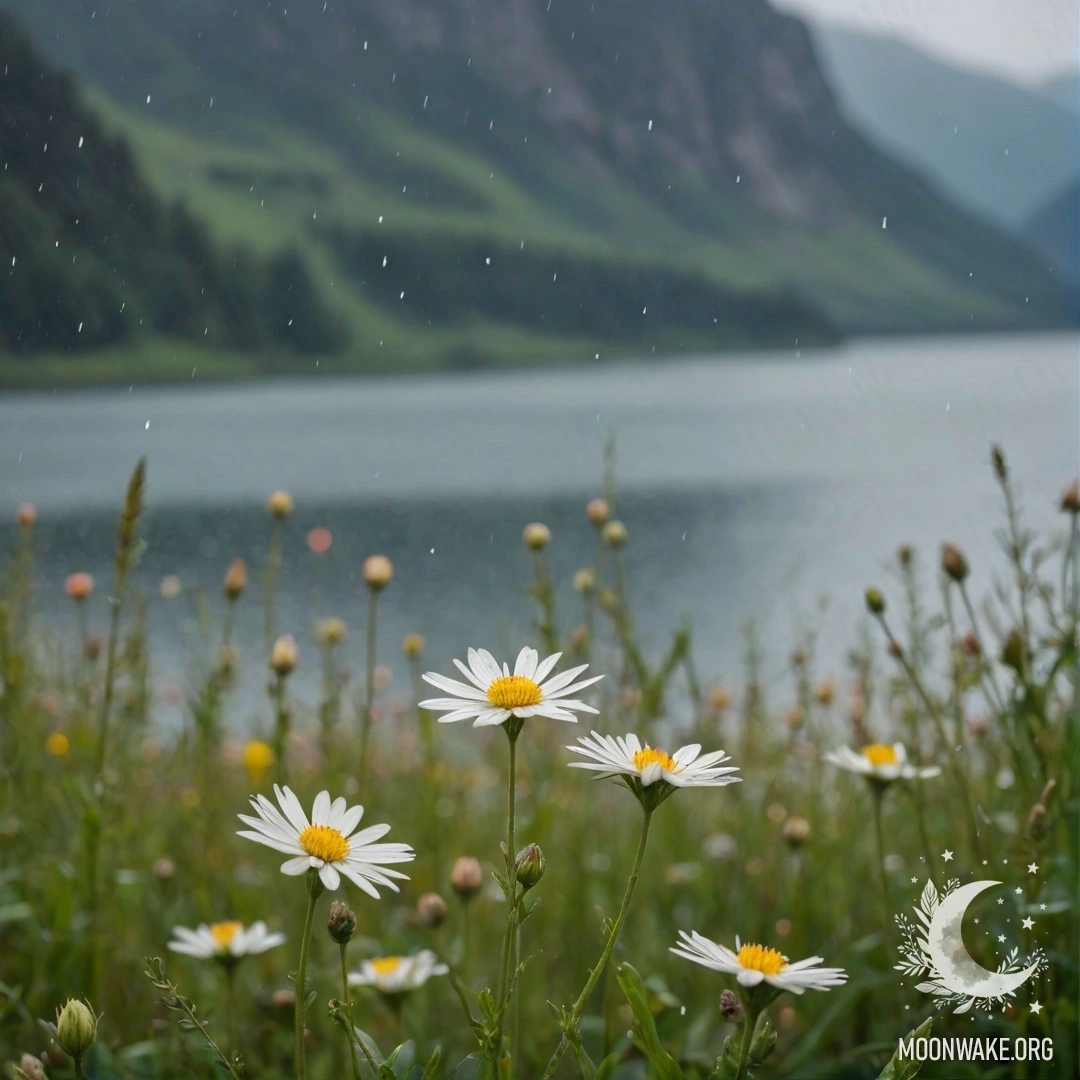 Close-up of minimalist field flowers against a blurred mountain lake in the rain.