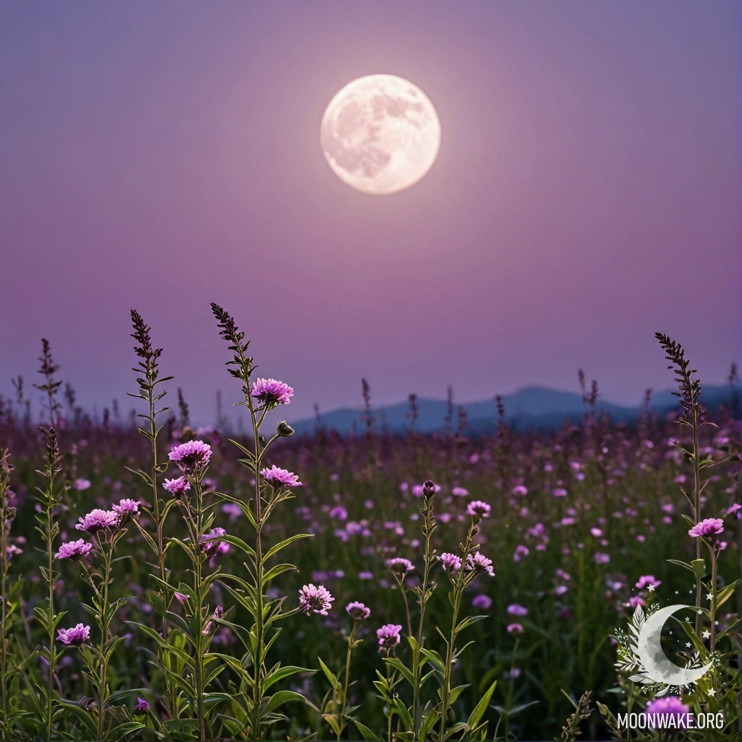Close-up of field flowers against a pink violet night sky with the moon.