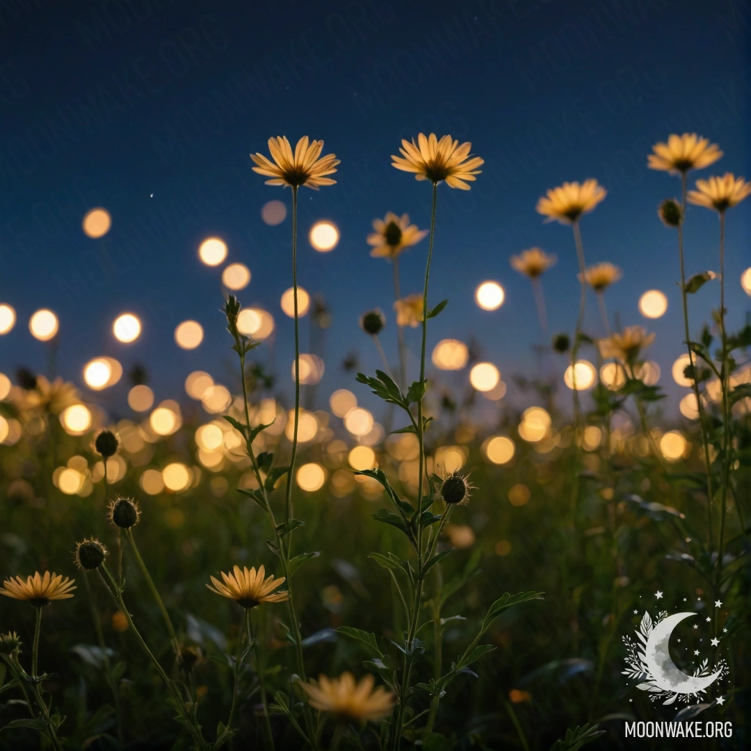 Minimalist Night Field Flowers Close-up of delicate field flowers with a bokeh sky at night.