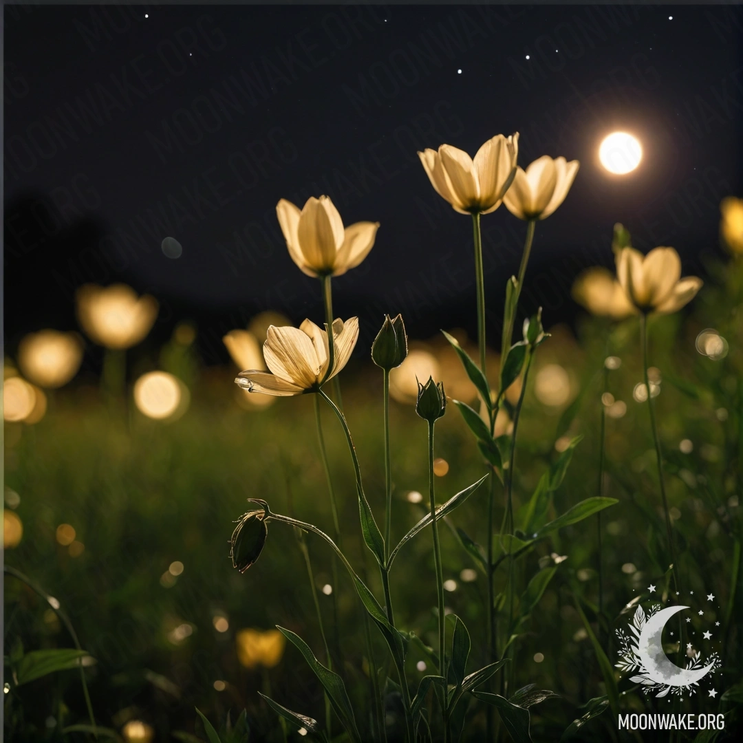 Close-up of delicate field flowers in a bokeh forest at night.