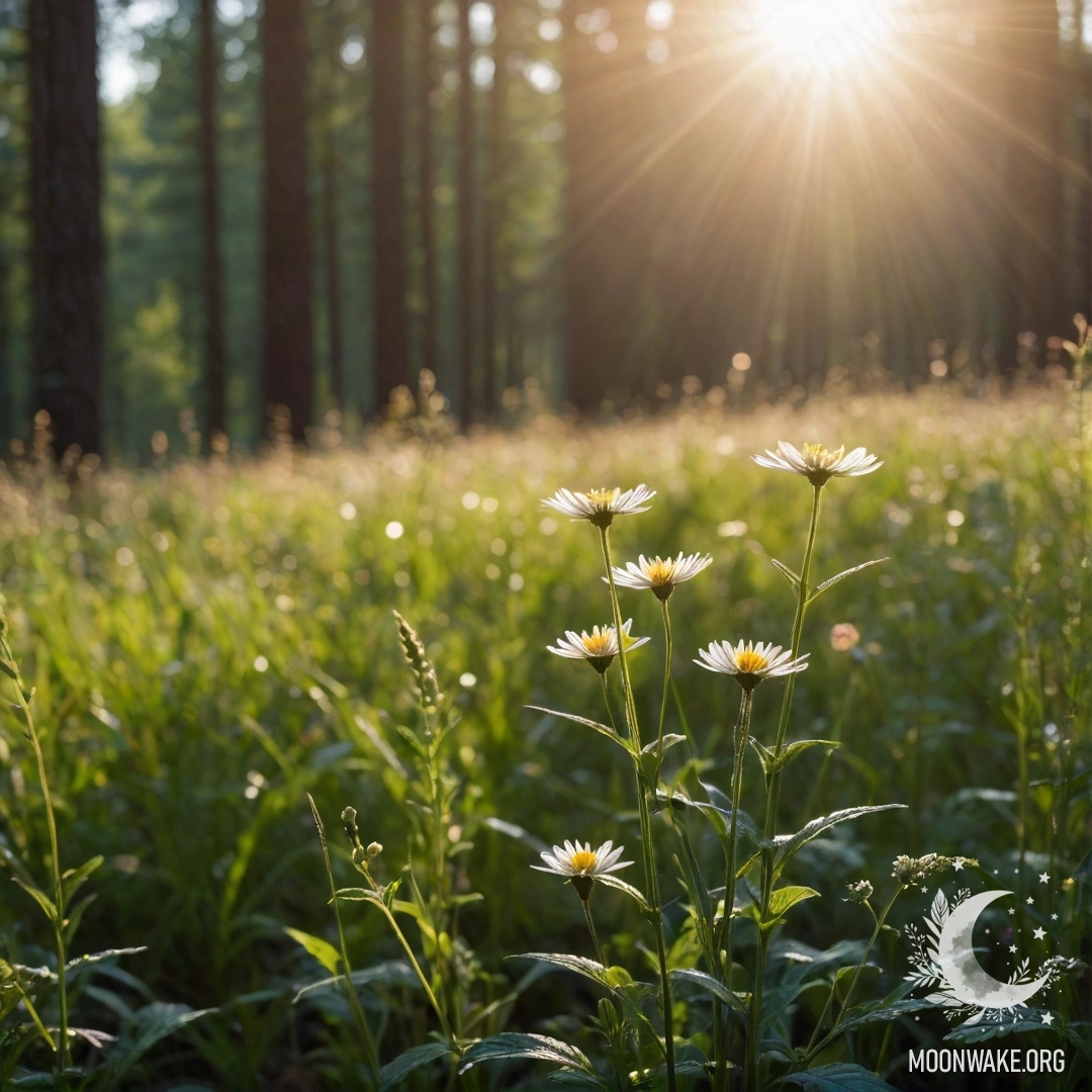 Close-up of delicate field flowers against a blurred forest background with sun rays and lens flares.