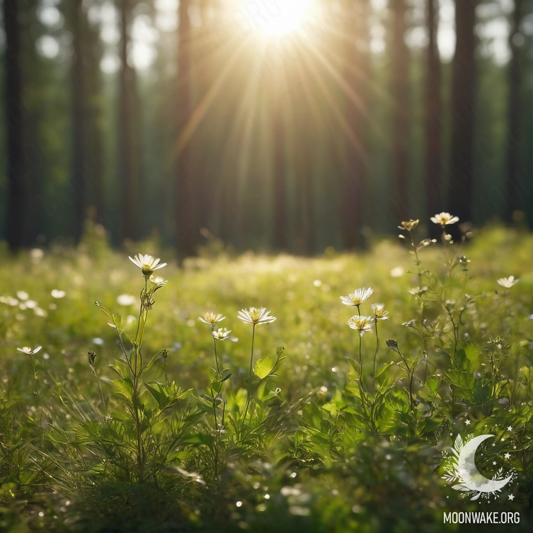 Close-up of delicate field flowers in a lush green forest bokeh with soft sun rays illuminating the scene.