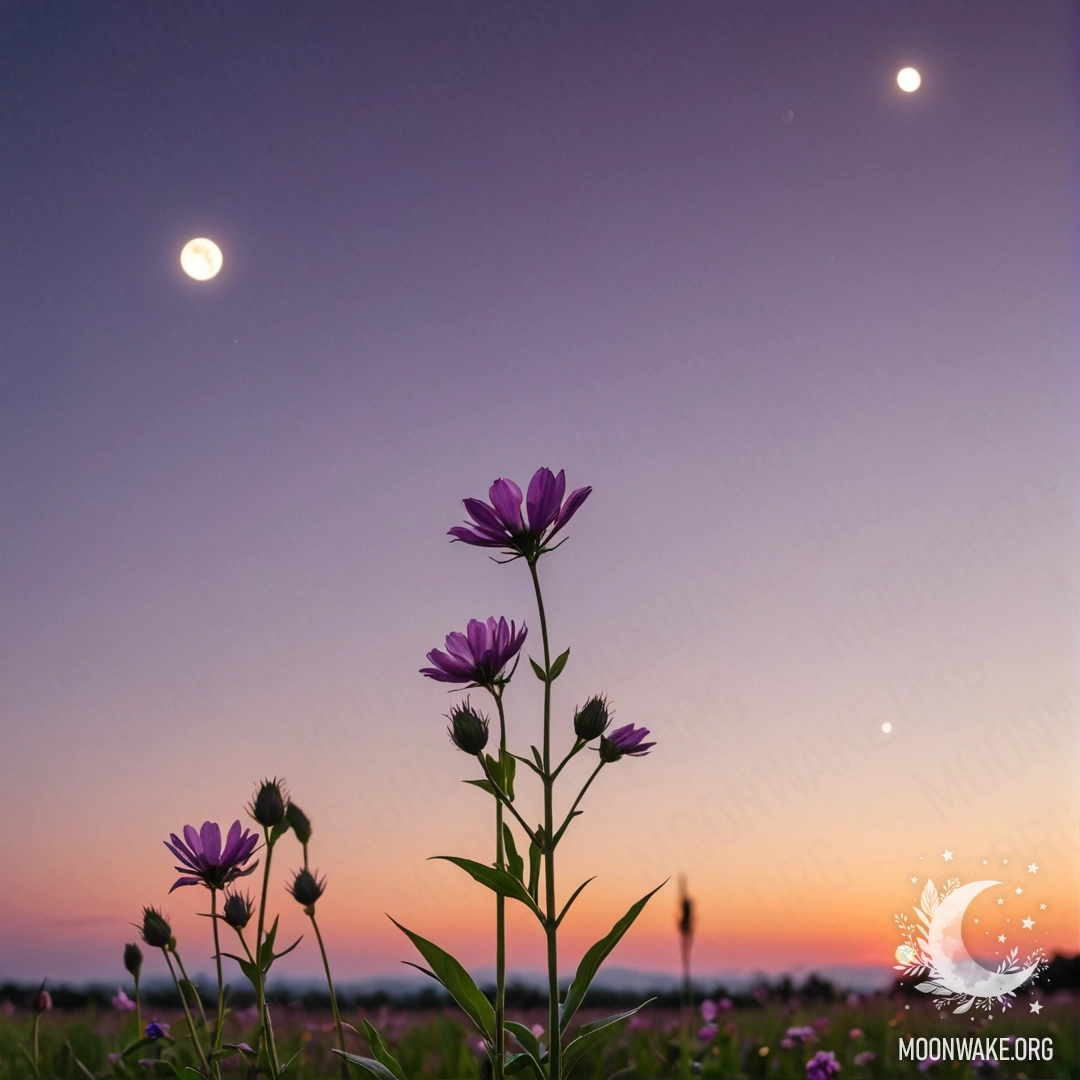 Close-up of delicate field flowers against a pink violet sky with the moon at sunset.