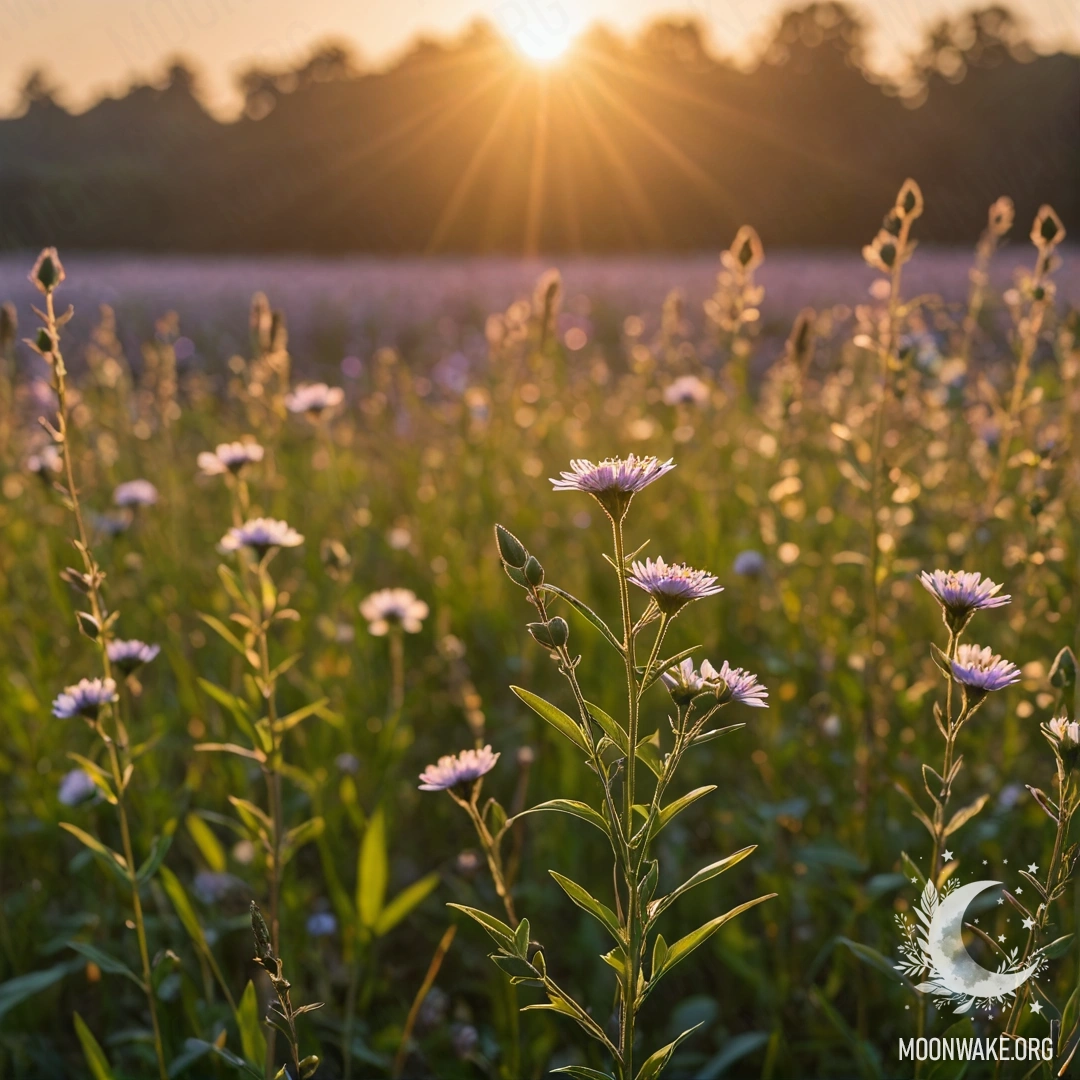 Close-up of field flowers in soft focus against a sunset background with bokeh and lens flares.