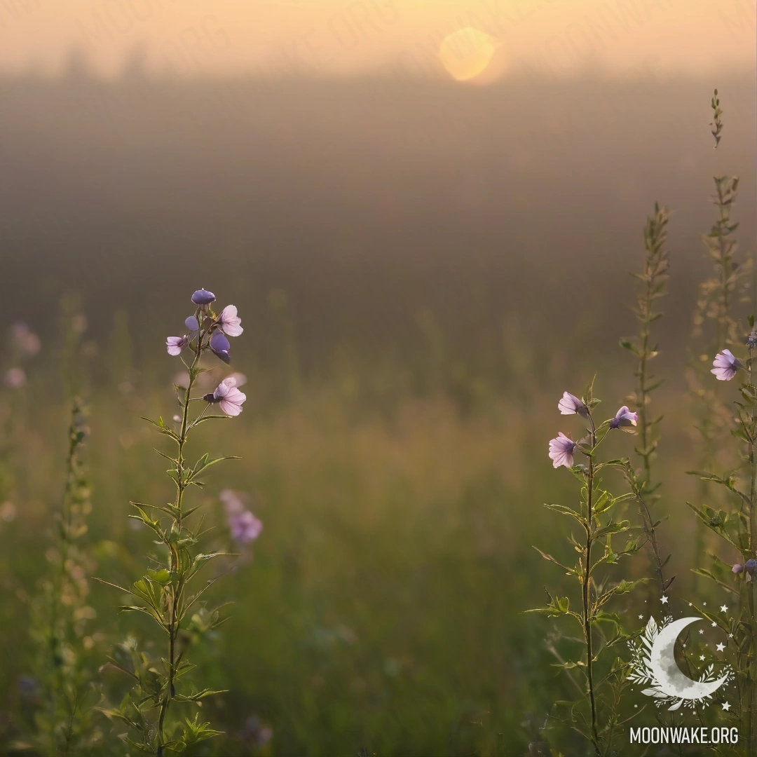 Close-up of delicate field flowers in a foggy field at sunset.