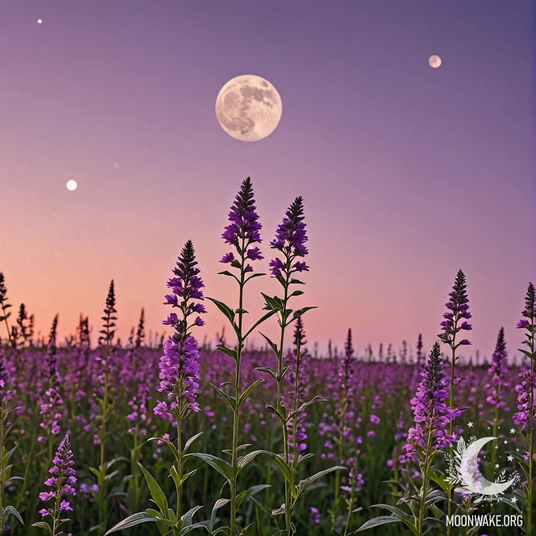 Close-up of delicate flowers in a field with a pink violet sunset sky and a moon.