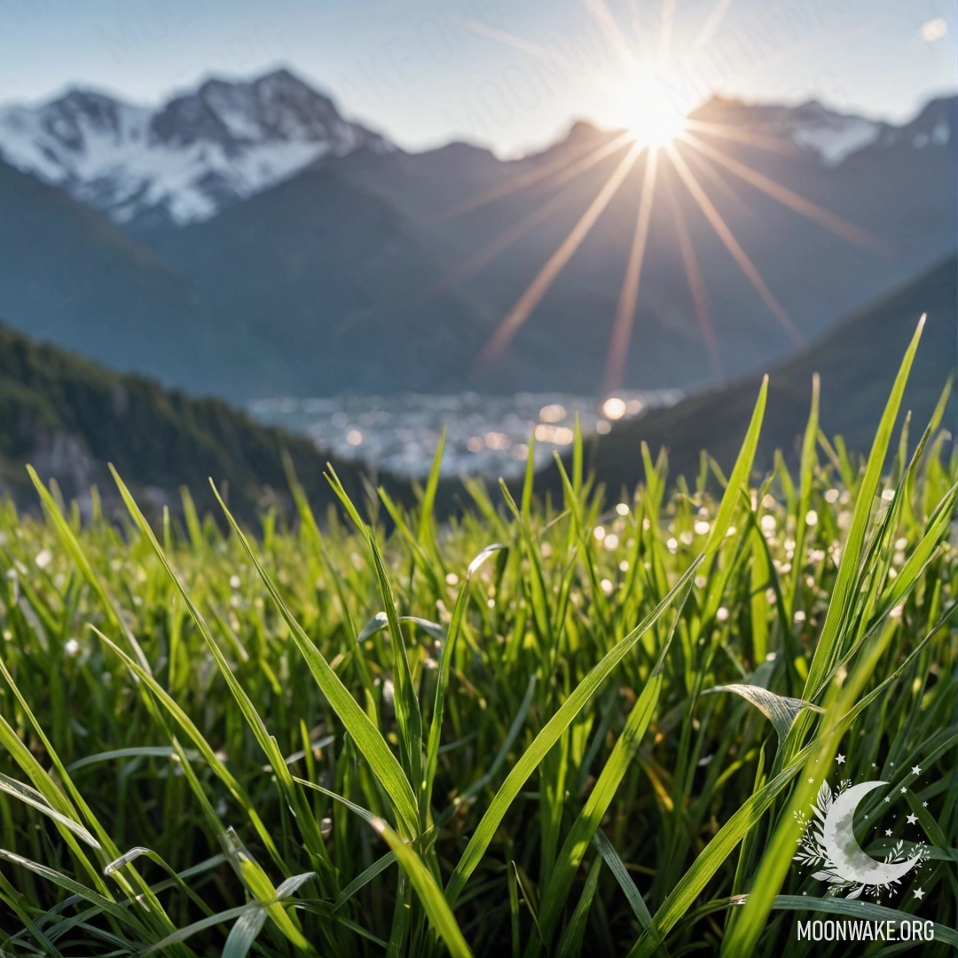 A close-up view of grass in a field with blurred mountains in the background and beautiful lens flares.