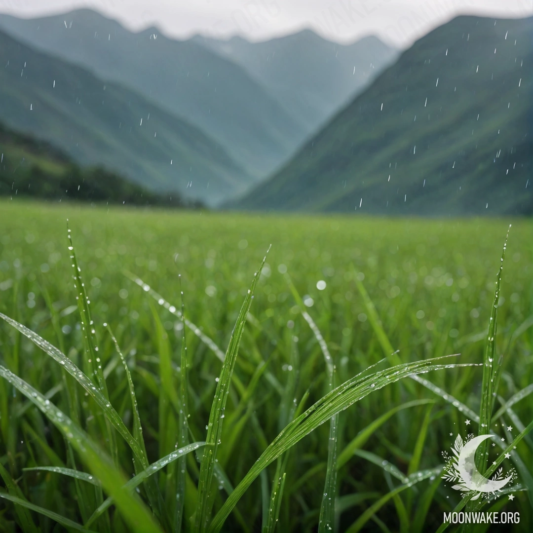 Close-up of grass in a minimalist field with mountains blurred in the background under the rain.