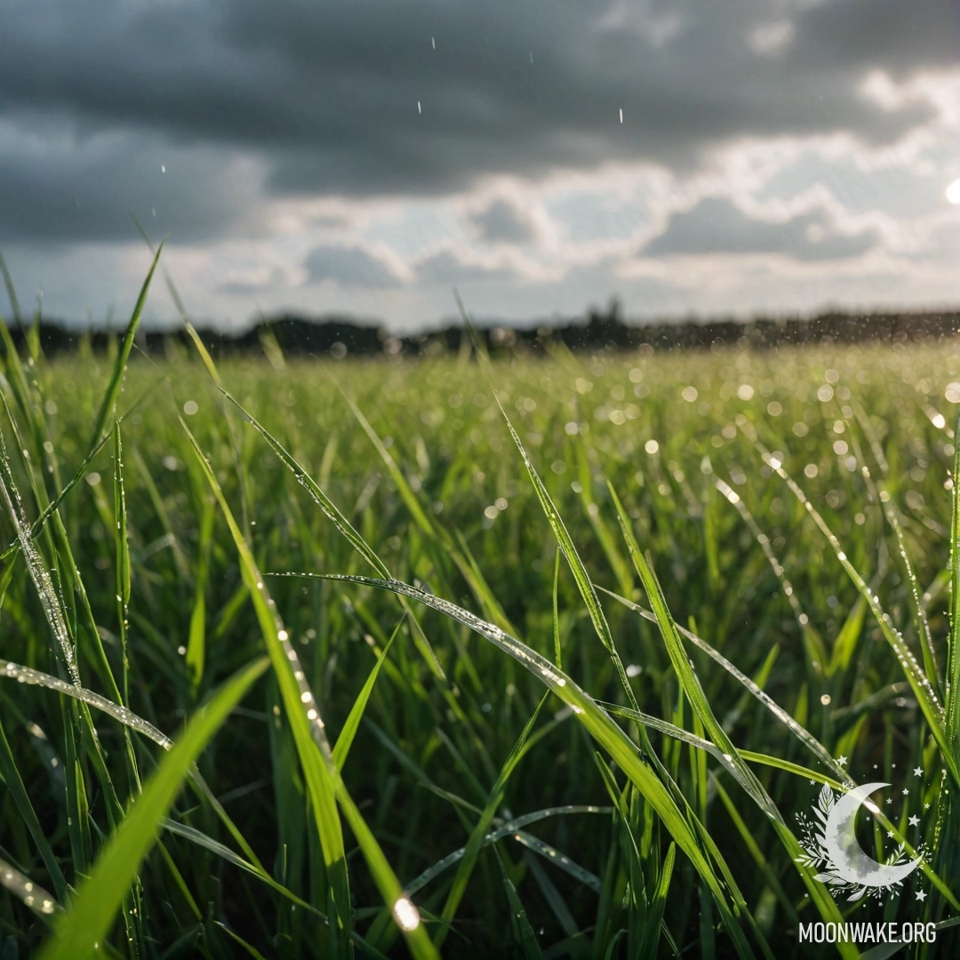 A close-up of grass in a field, blurred sky with clouds and rain.