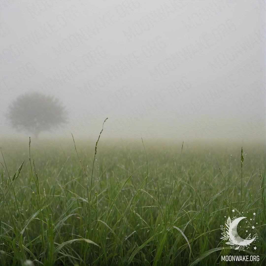 Close-up of tall grass in a foggy field against a bokeh sky.