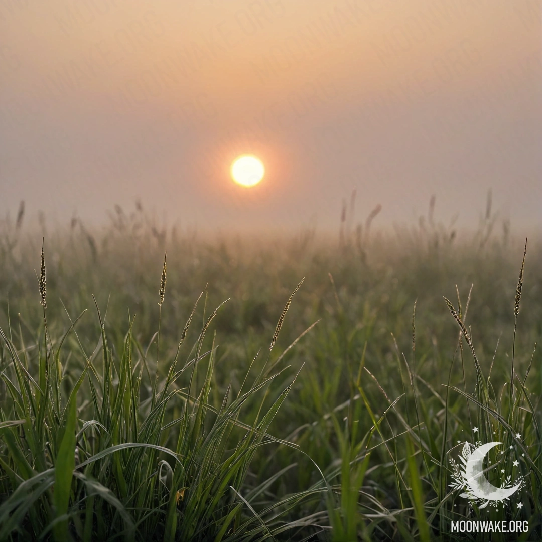 Minimalist Field Grass at Sunset A close-up view of delicate field grass against a bokeh sunset, shrouded in dense mist with heavy fog.