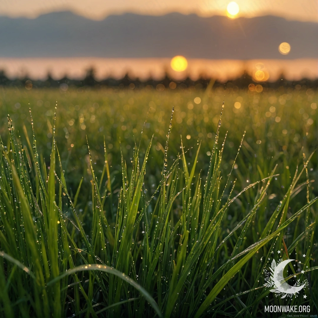 Close-up of grass in a minimalist field, illuminated by a sunset and blurred background with raindrops.