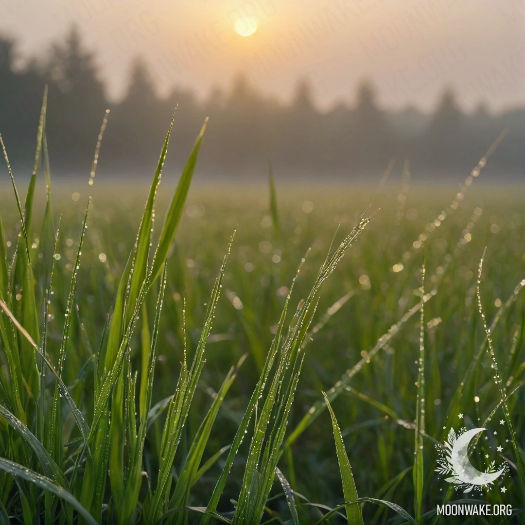Minimalist Field at Sunset with Fog and Rain Close-up of grass against a soft-focus field with fog at sunset during rain.