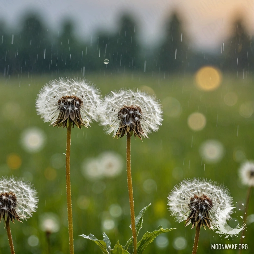 Close-up of dandelions in a minimalist field against a bokeh sky in the rain.