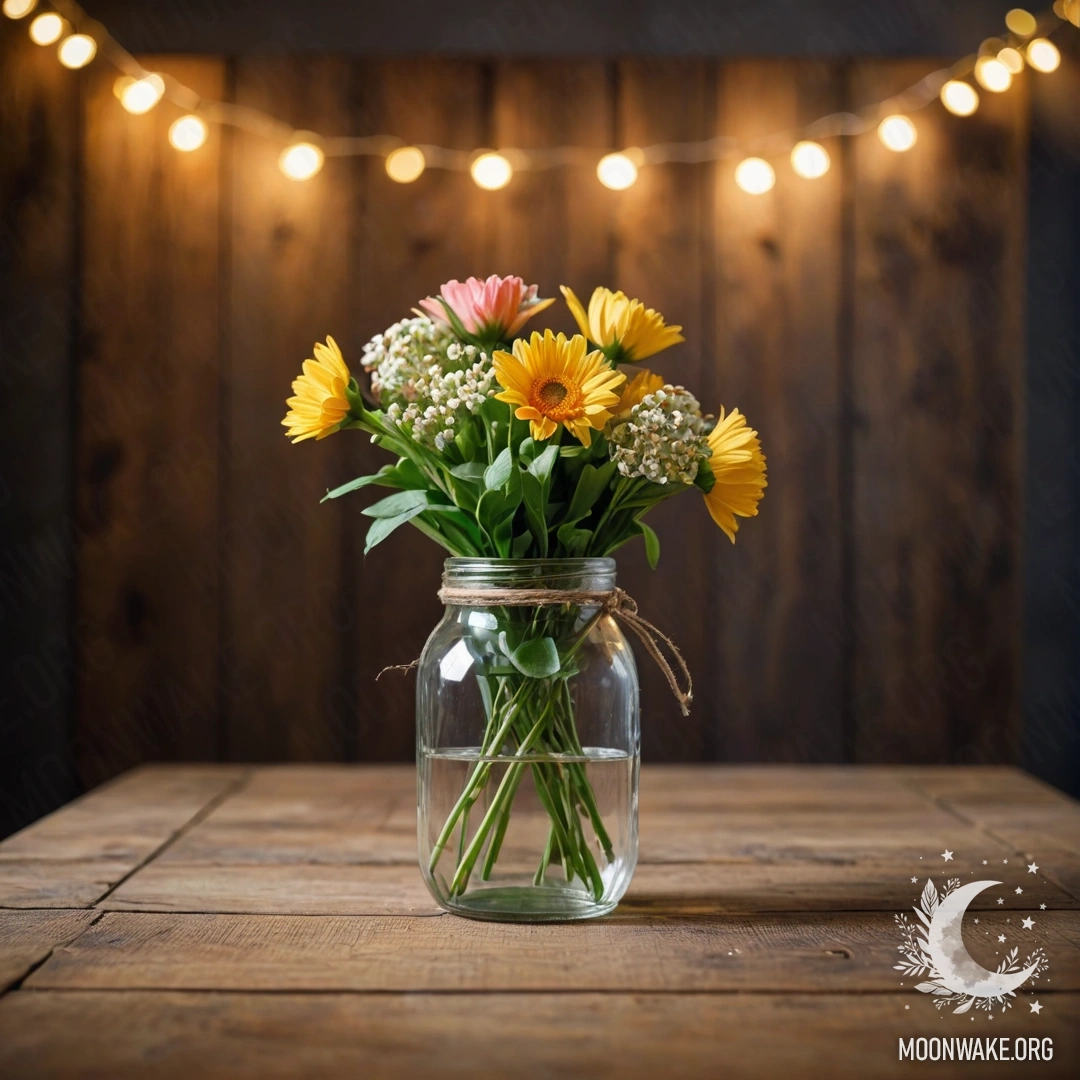 A jar with a bouquet of flowers on a shabby wooden table, with a light garland bokeh in the background.