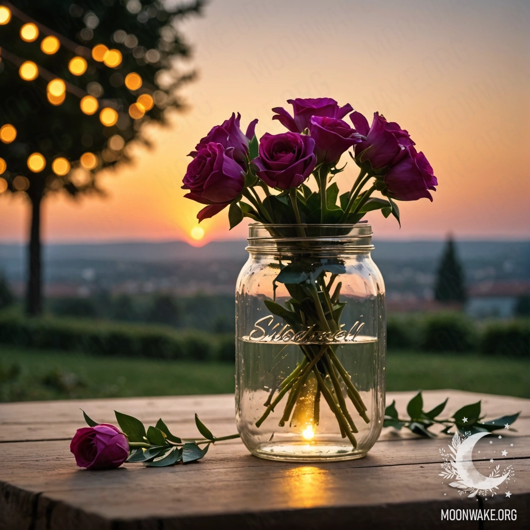 A weathered wooden table with a jar of flowers, lit by bokeh lights at sunset.