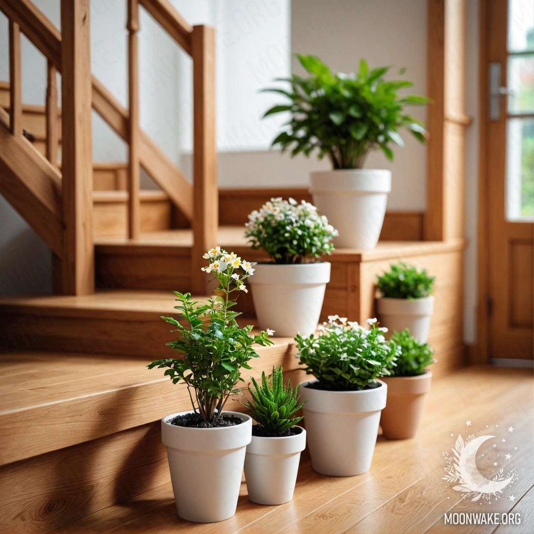 A wooden staircase adorned with flowerpots and a lens, capturing a minimalist aesthetic.