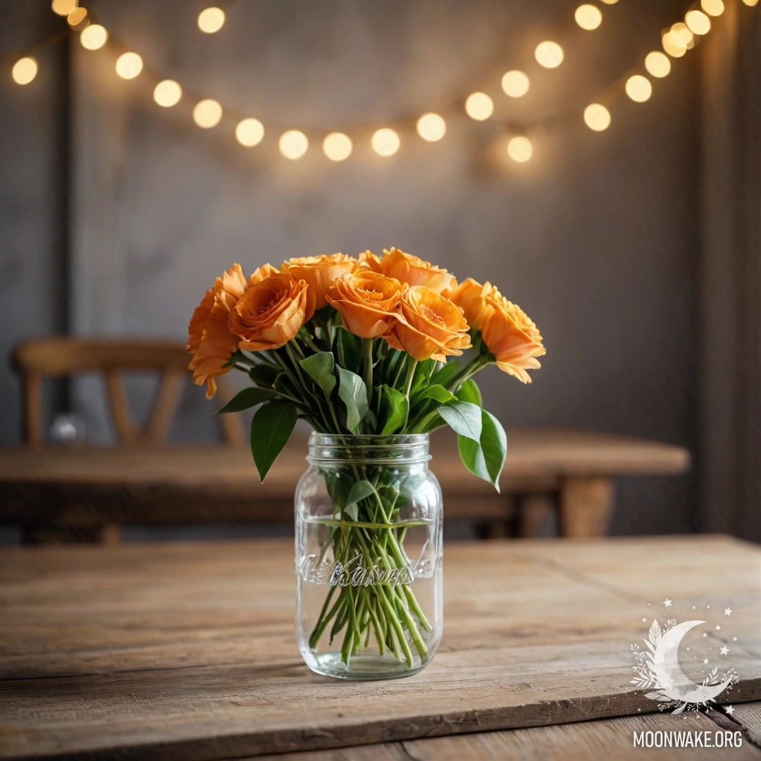 Minimalist Flower Bouquet on Wooden Table A shabby wooden table with a jar containing flowers and a light bokeh background.