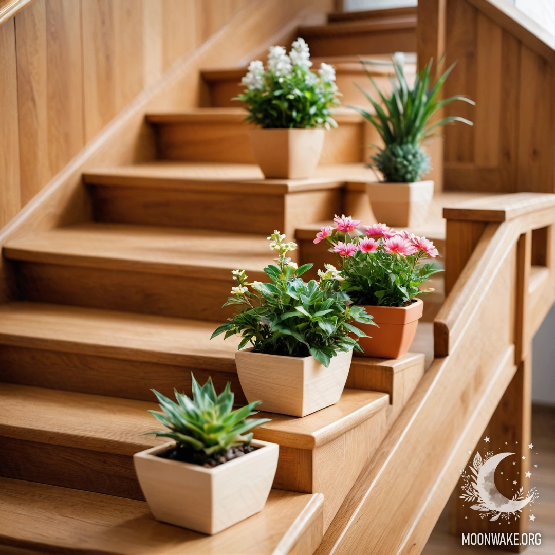 Minimalist Flowerpots on Wooden Stairs A wooden staircase with flowerpots placed on it, showcasing minimalistic design.