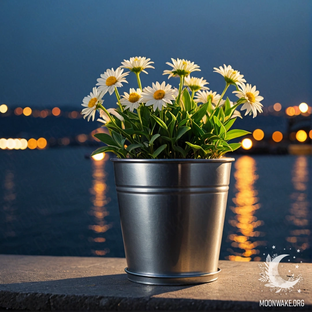 Photorealistic flowers in a metal bucket by the sea at night.
