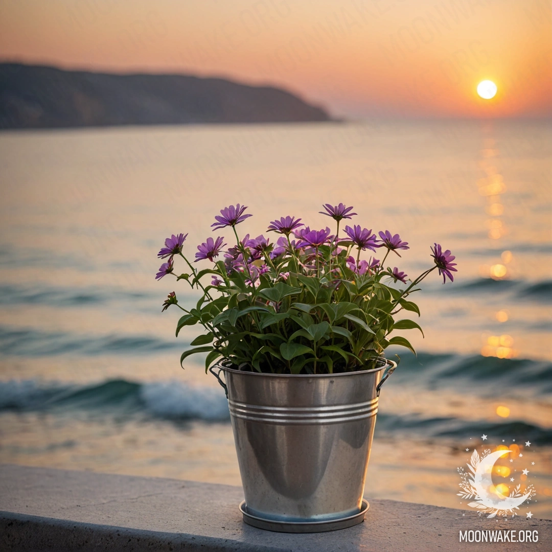 A small bucket-shaped metal flowerpot holding minimalist flowers against a blurred sunset sea background.