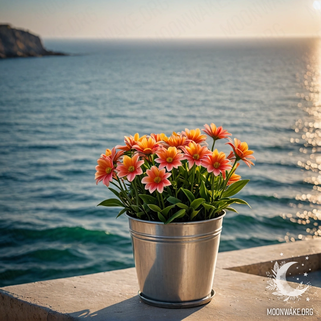 Photorealistic image of minimalist flowers in a small metal bucket on a blurred sea background.