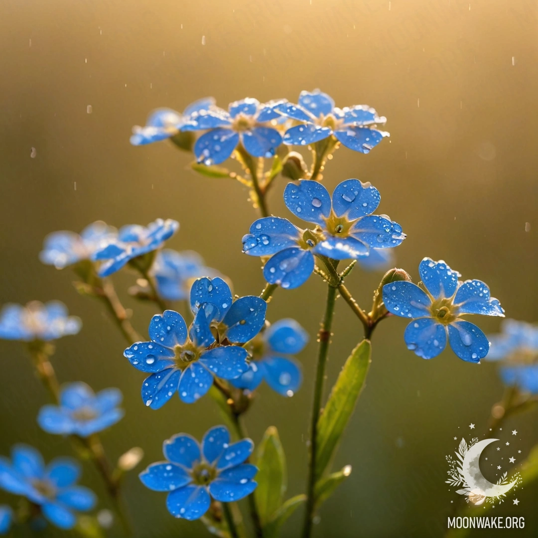 A close-up of delicate forget-me-nots adorned with dew drops against a golden sunset background, complemented by Japanese calligraphy.
