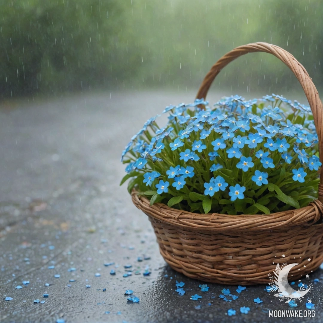 A basket filled with blue forget-me-nots shrouded in mist under soft rain with rays of sunlight piercing through.