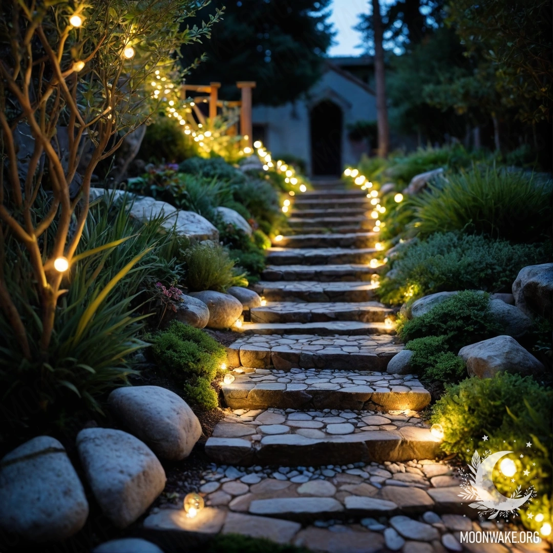 A serene garden adorned with light garlands and a stone pathway.