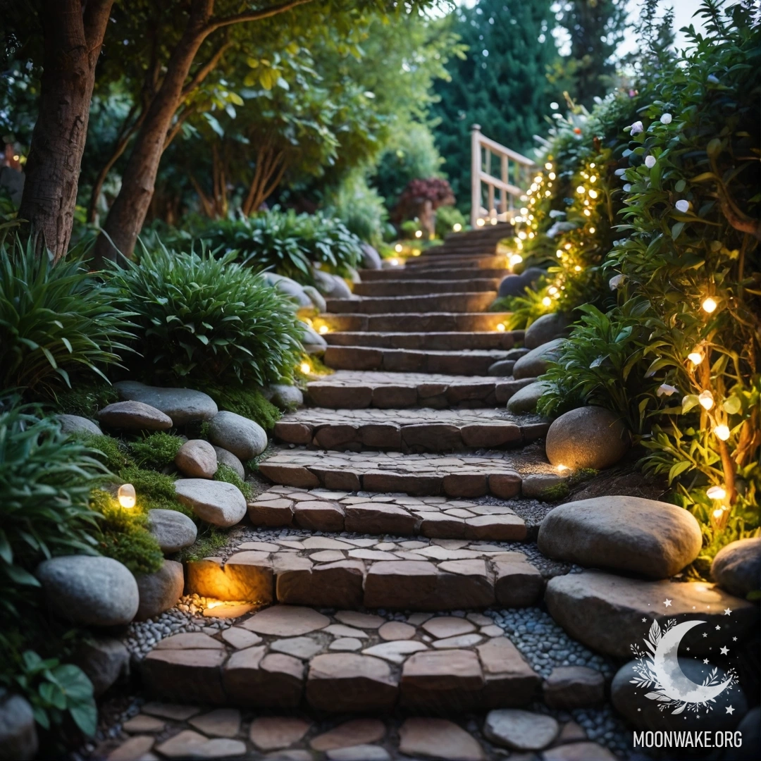 A serene garden path lined with stones, illuminated by light garlands and a wooden staircase.