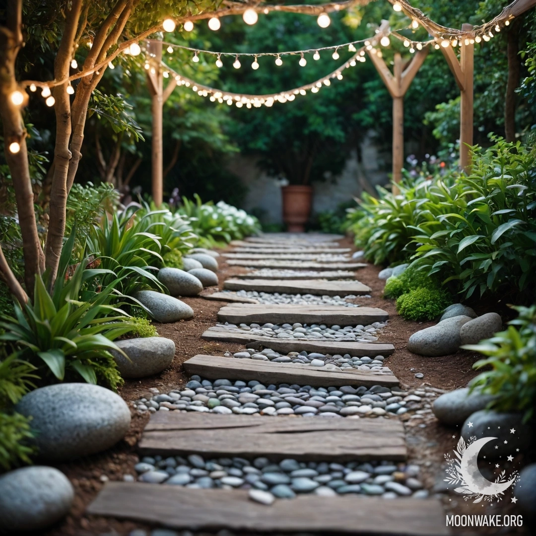 A minimalist garden adorned with light garlands, featuring a stone path and a wooden staircase.