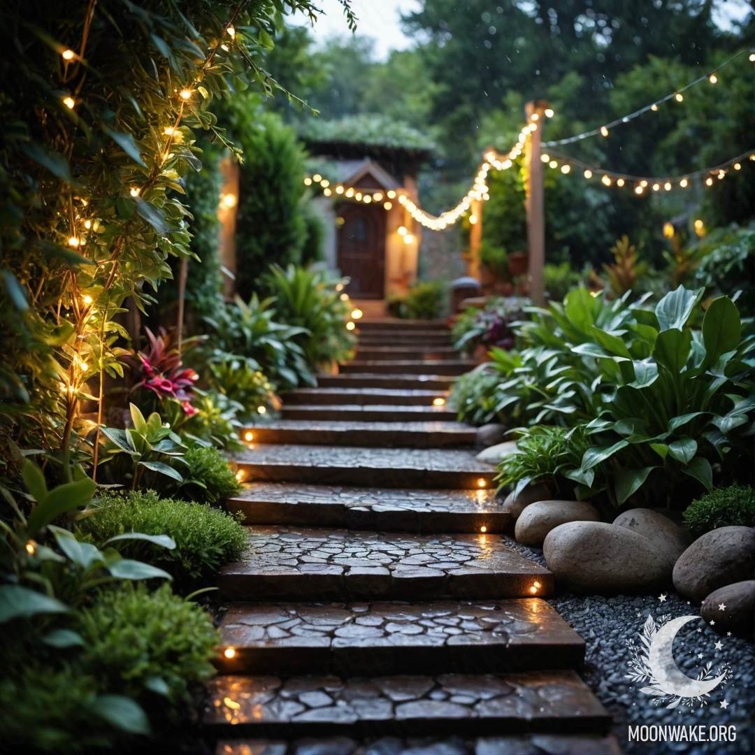 Minimalist Garden Path with Light Garlands A serene garden path made of stones, adorned with light garlands and a wooden staircase, all under the gentle rain.