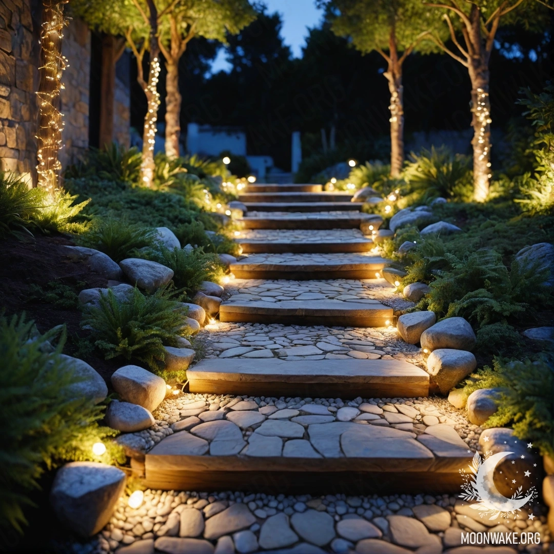 Minimalist Garden with Fairy Lights A serene minimalist garden featuring stone pathways and a wooden staircase adorned with fairy lights.