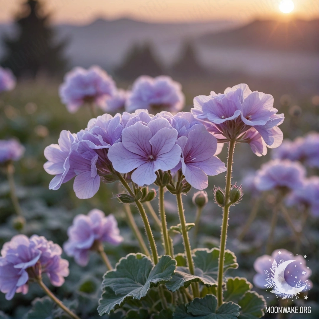 A delicate geranium in frost, bathed in lavender hues at sunset.