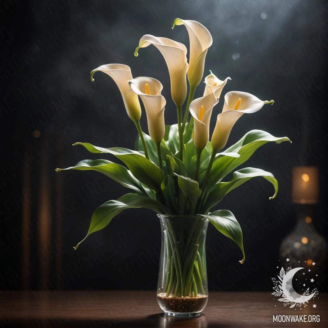 A minimalistic geranium with rhinestones in a misty night setting, illuminated in lime colors.