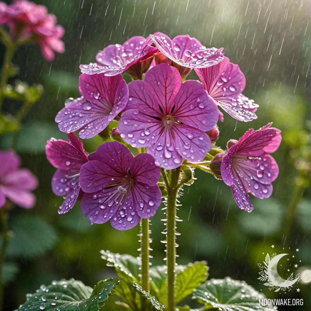 A stylish purple geranium under the rain illuminated by sunny rays.