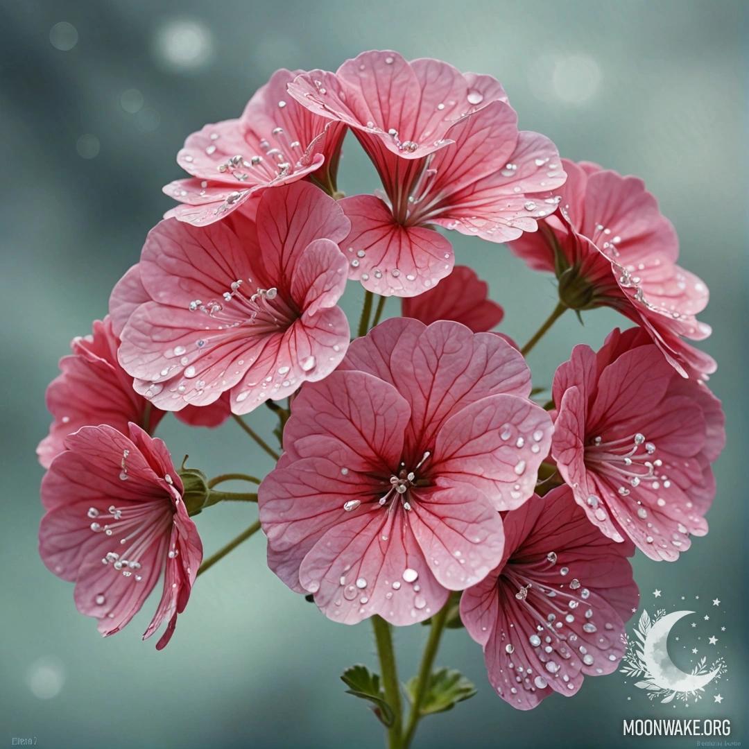 A minimalist artwork featuring a geranium adorned with rhinestones in a sea wave color.