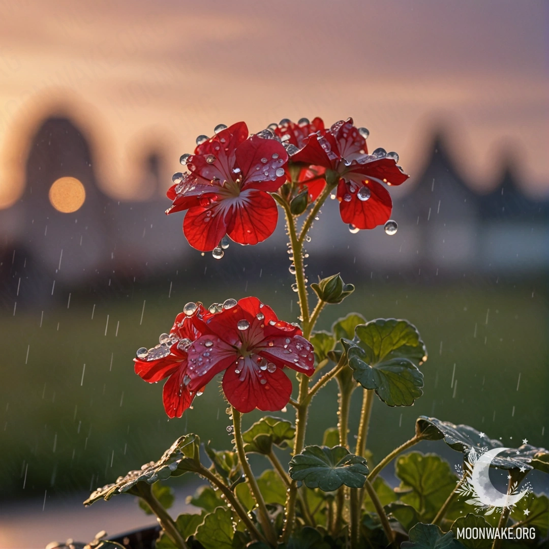 A red geranium lying on a surface, glistening with rain, at sunset.