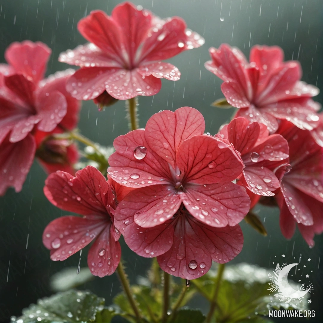 Minimalist Geranium Under Rain A delicate geranium flower under rain, illuminated by sunny rays with rhinestones reflecting in the background.