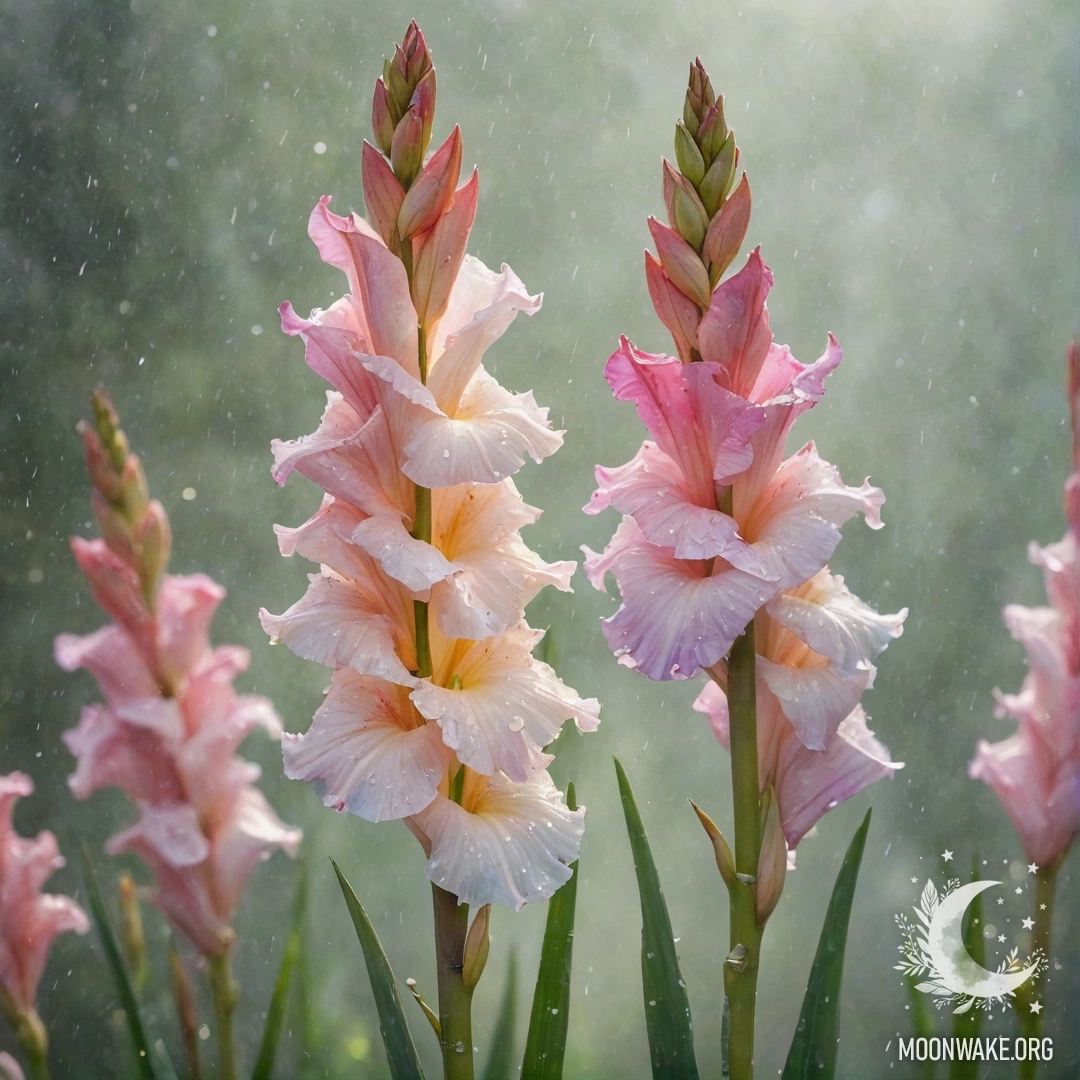 Minimalist Gladiolus in Misty Rain A delicate gladiolus flower surrounded by mist and rain, illuminated by sunny rays.