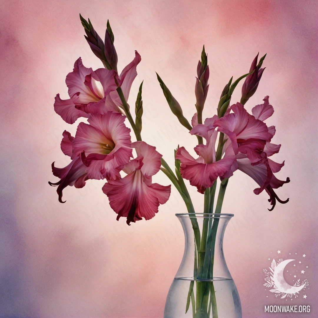 Minimalist Gladiolus in the Mist A fuchsia gladiolus in a vase surrounded by mist at sunset, painted in watercolor.